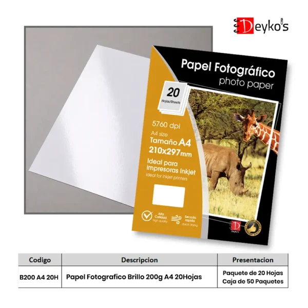 Papel Fotográfico Brilloso (Glossy), 200g/m2, Tamaño A4 20 Hojas