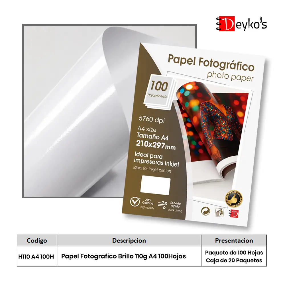 Papel Fotográfico Brilloso (Glossy), 110g/m2, Tamaño A4 100 Hojas 1 Papel Fotográfico Brilloso (Glossy), 110g/m2, Tamaño A4 100 Hojas