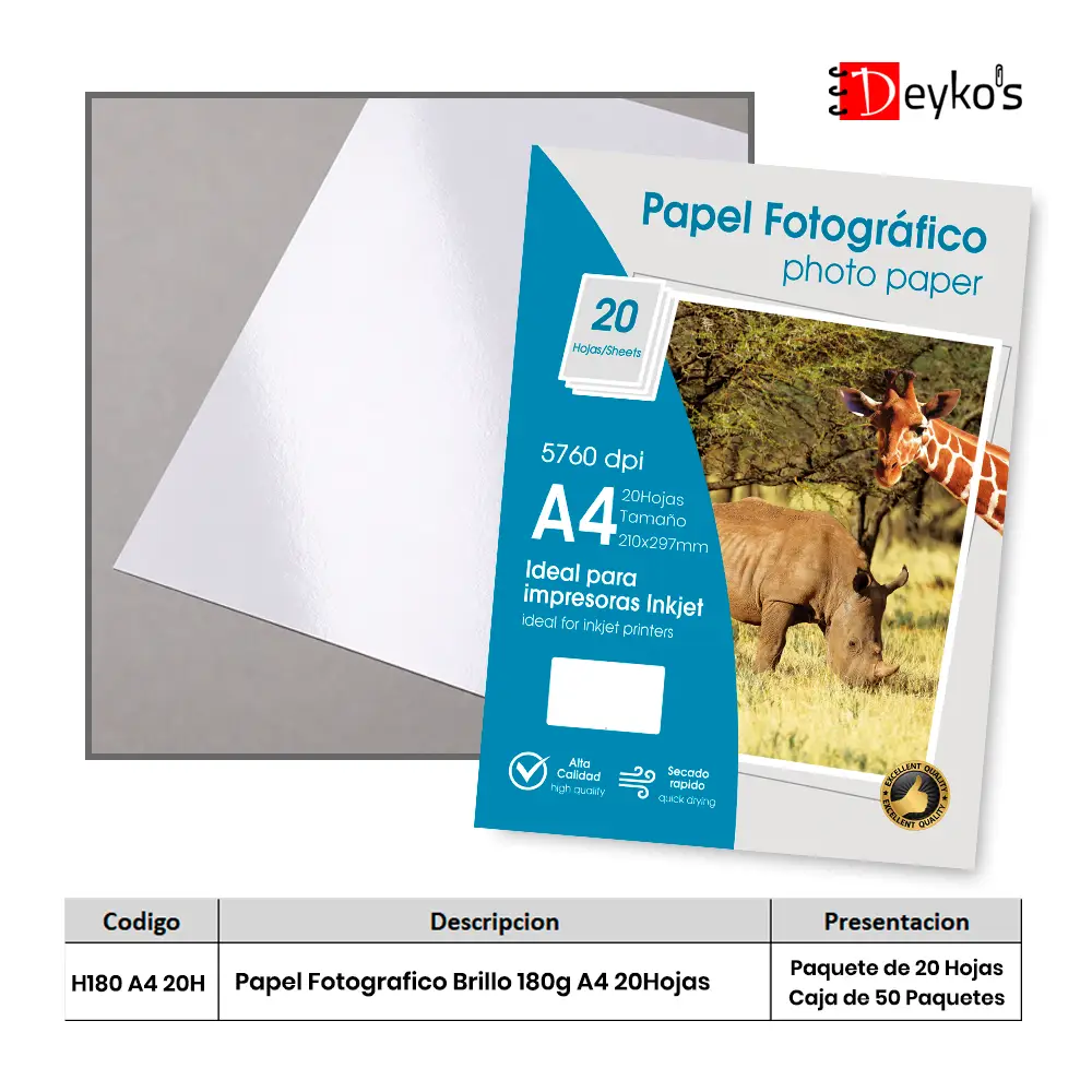 Papel Fotográfico Brilloso (Glossy), 180g/m2, Tamaño A4 20 Hojas 1 Papel Fotográfico Brilloso (Glossy), 180g/m2, Tamaño A4 20 Hojas