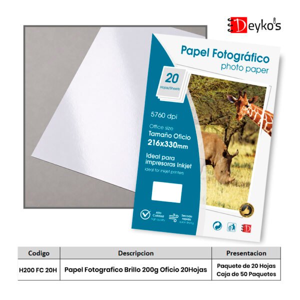 Papel Fotográfico Brilloso (Glossy), 200g/m2, Tamaño Oficio 20 Hojas