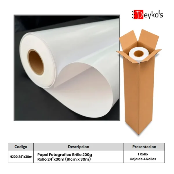 Papel Fotográfico Brilloso (Glossy), 200g/m2, Rollo de 24"x30m (61cm x 30mt)