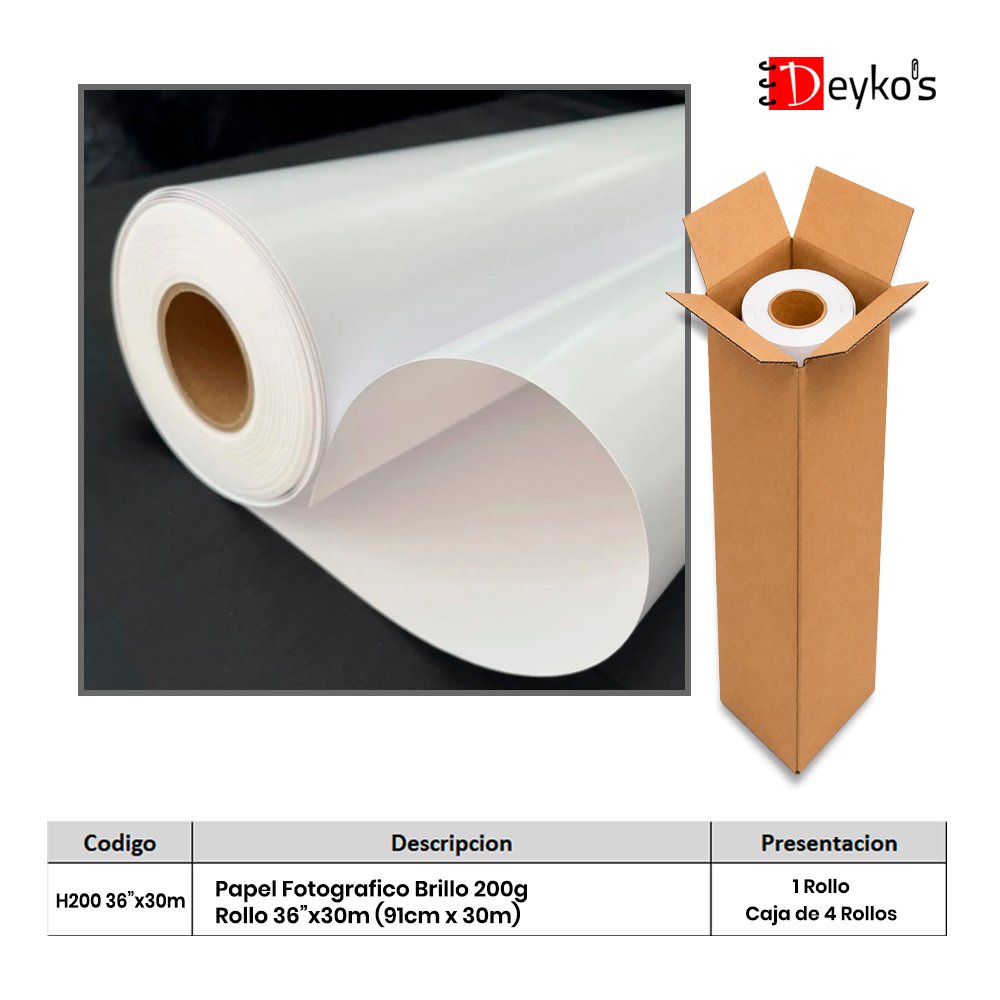 Papel Fotográfico Brilloso (Glossy), 200g/m2, Rollo de 36"x30m (91cm x 30mt) 1 Papel Fotográfico Brilloso (Glossy), 200g/m2, Rollo de 36"x30m (91cm x 30mt)