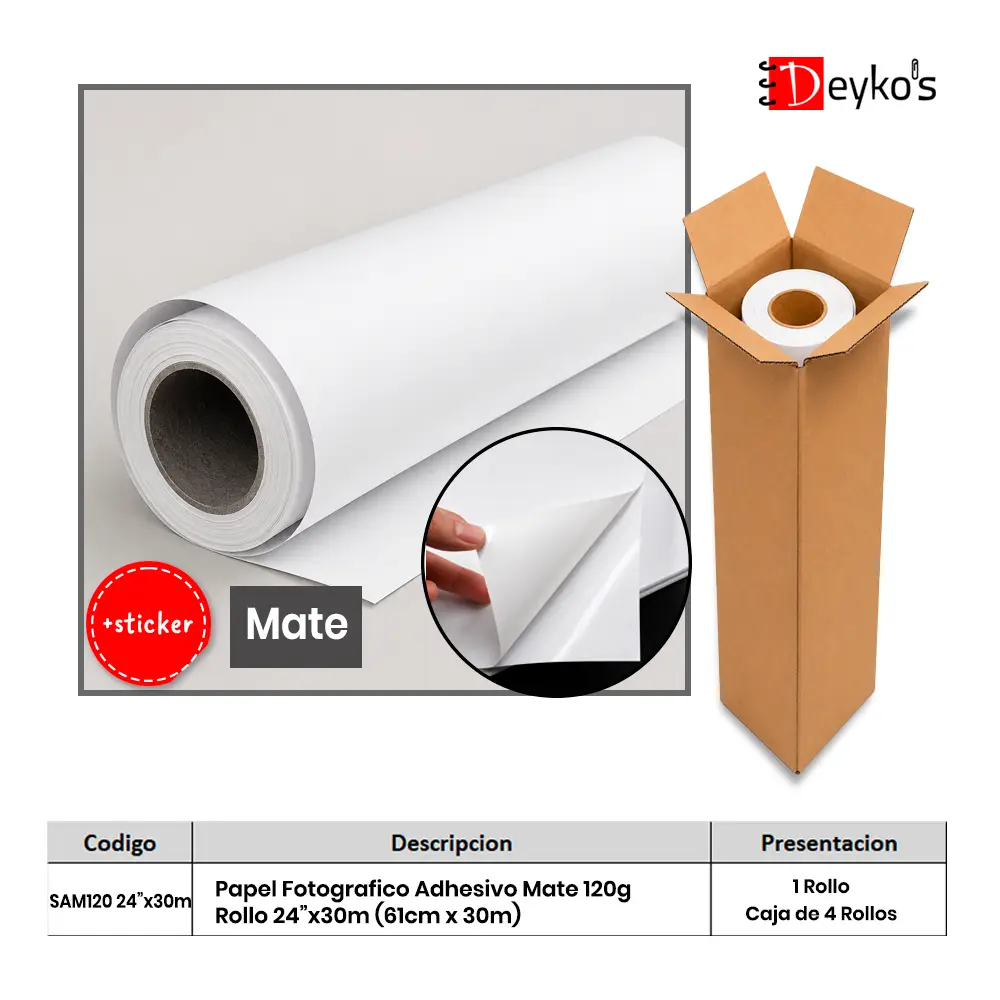 Papel Fotográfico Adhesivo Mate (Matte), 120g/m2, Rollo de 24"x30m (61cm x 30mt) 1 Papel Fotográfico Adhesivo Mate (Matte), 120g/m2, Rollo de 24"x30m (61cm x 30mt)